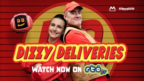 Promotional image for 'Dizzy Deliveries' with a man and woman in red uniforms against a red background with a logo.