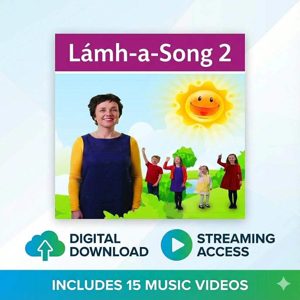 Promotional graphic for 'Lámh-a-Song 2' with a woman and children in a garden setting.