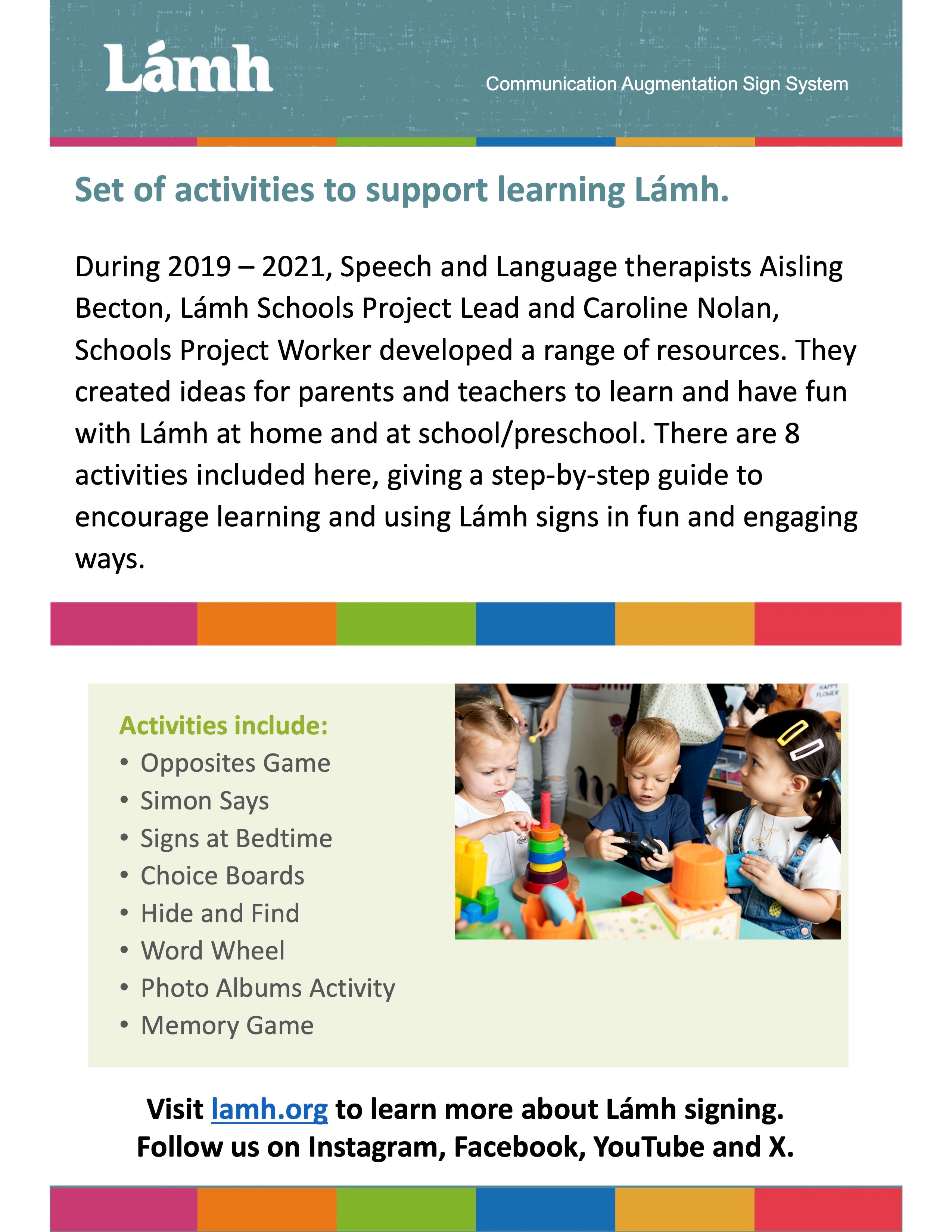 Sheet of activities to support learning Lámh, a communication augmentation sign system, with text and images of children using Lámh signs.