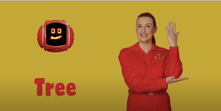 Person in red outfit making the sign for Tree and 'Tree' text on yellow background