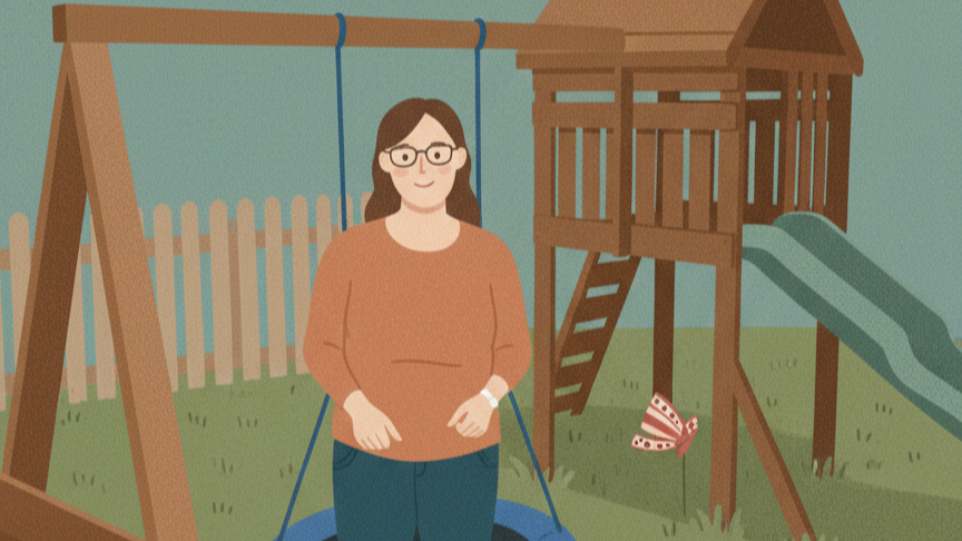 Illustration of a woman standing in front of a playground swing set and slide.