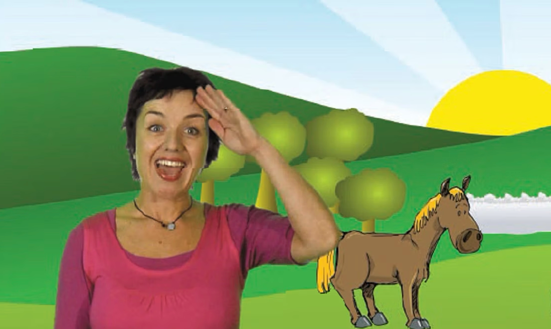 Woman with a horse in a cartoon-style landscape