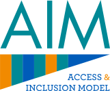 Logo of AIM (Access & Inclusion Model) with teal, orange, and blue colors.