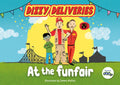 Book cover of 'Dizzy Deliveries: At the Funfair' with cartoon characters and a funfair background.