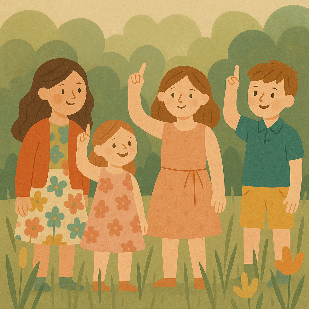 Illustration of four children standing in a grassy area with trees in the background