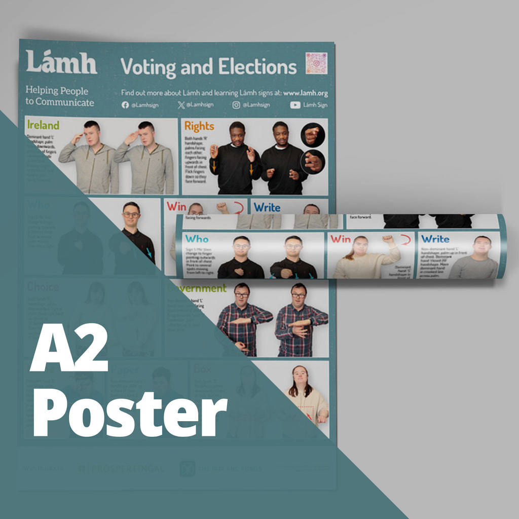 Lámh poster on a gray background with text and images of people.