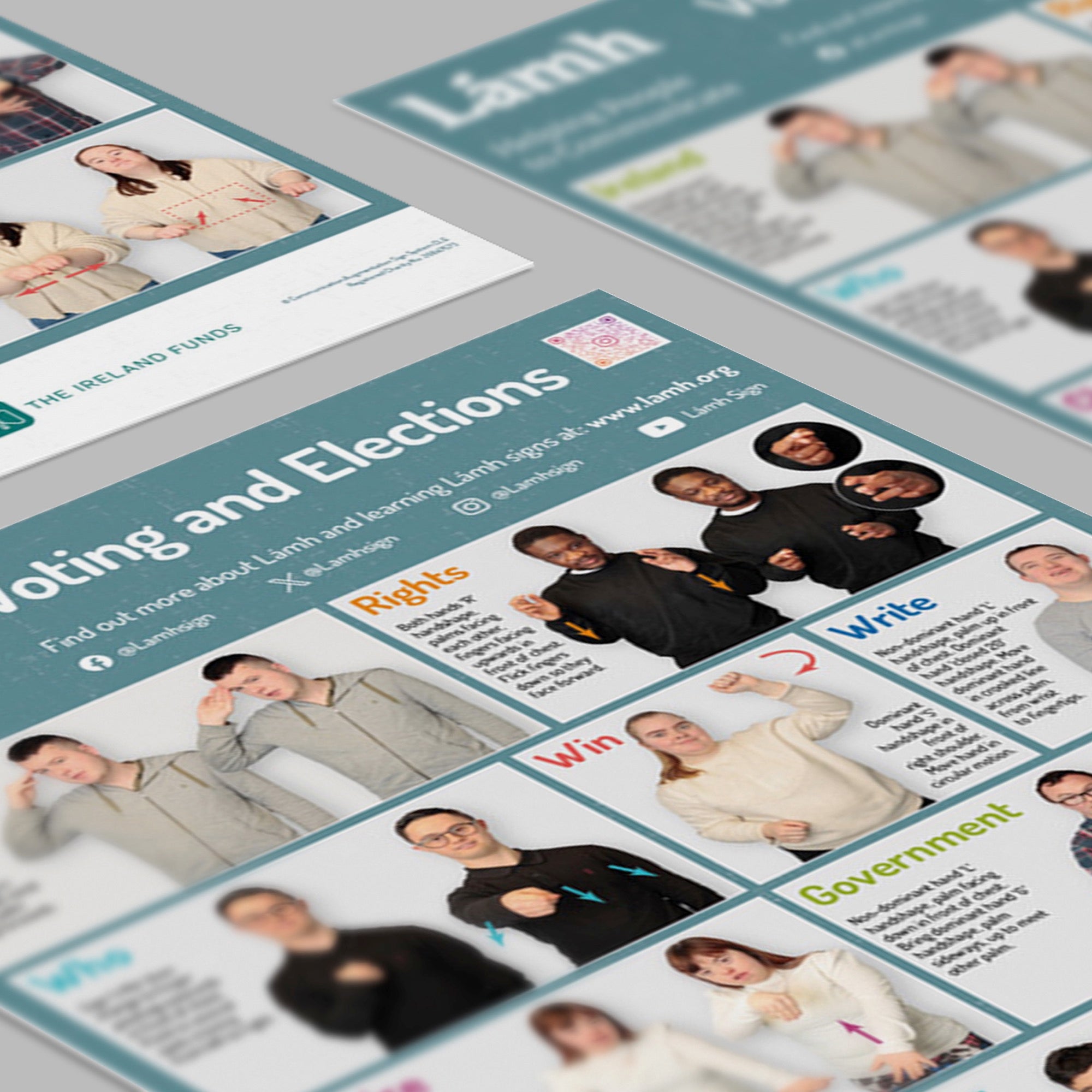 Educational posters about voting and elections with images of people on a gray surface.