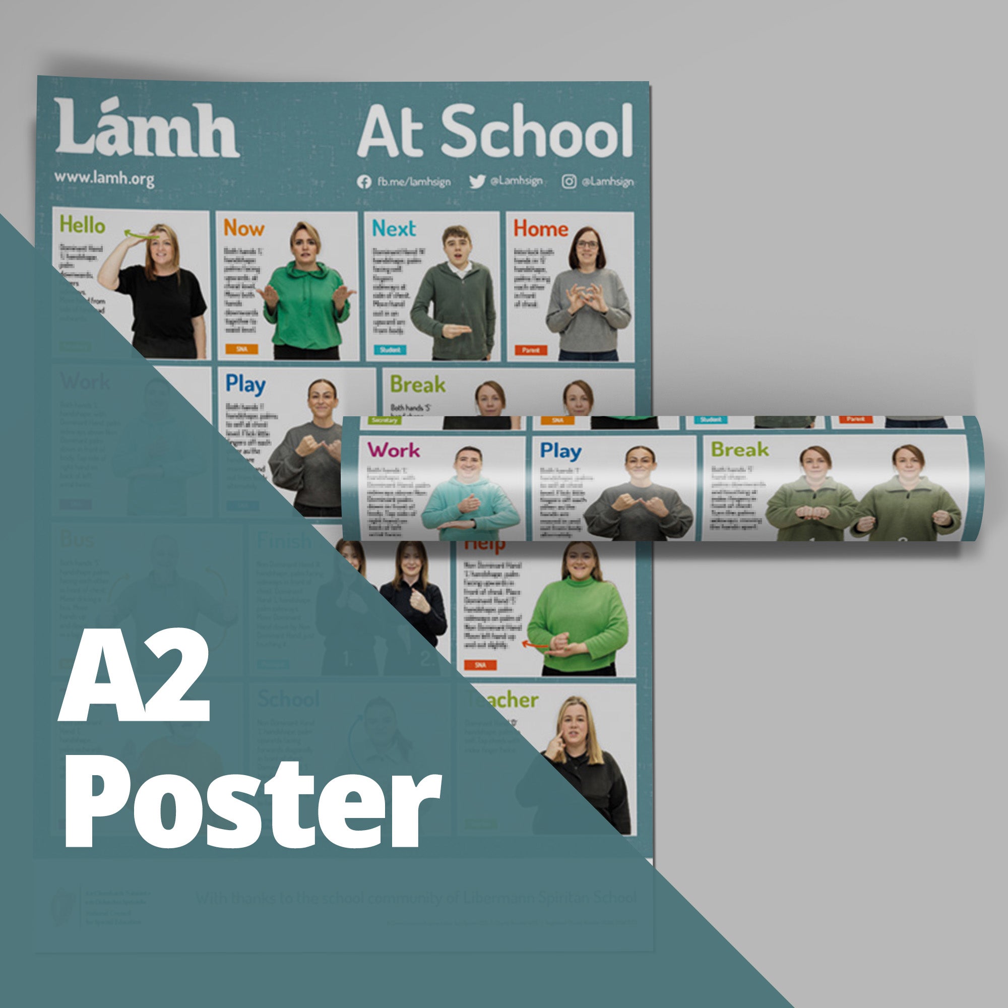 Lämh At School poster with multiple images of people on a gray background