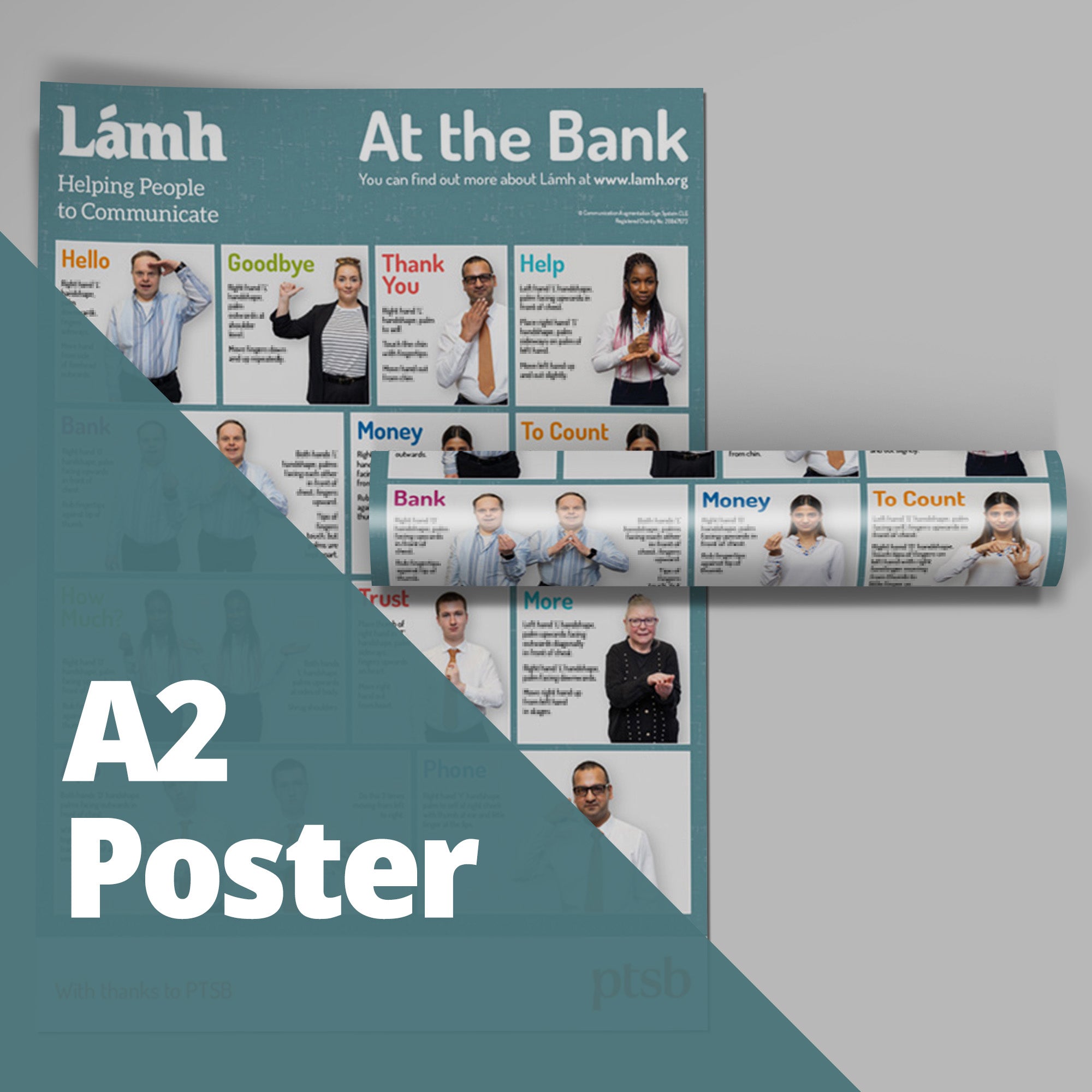 Lámh educational poster set on a gray background with 'A2 Poster' text.