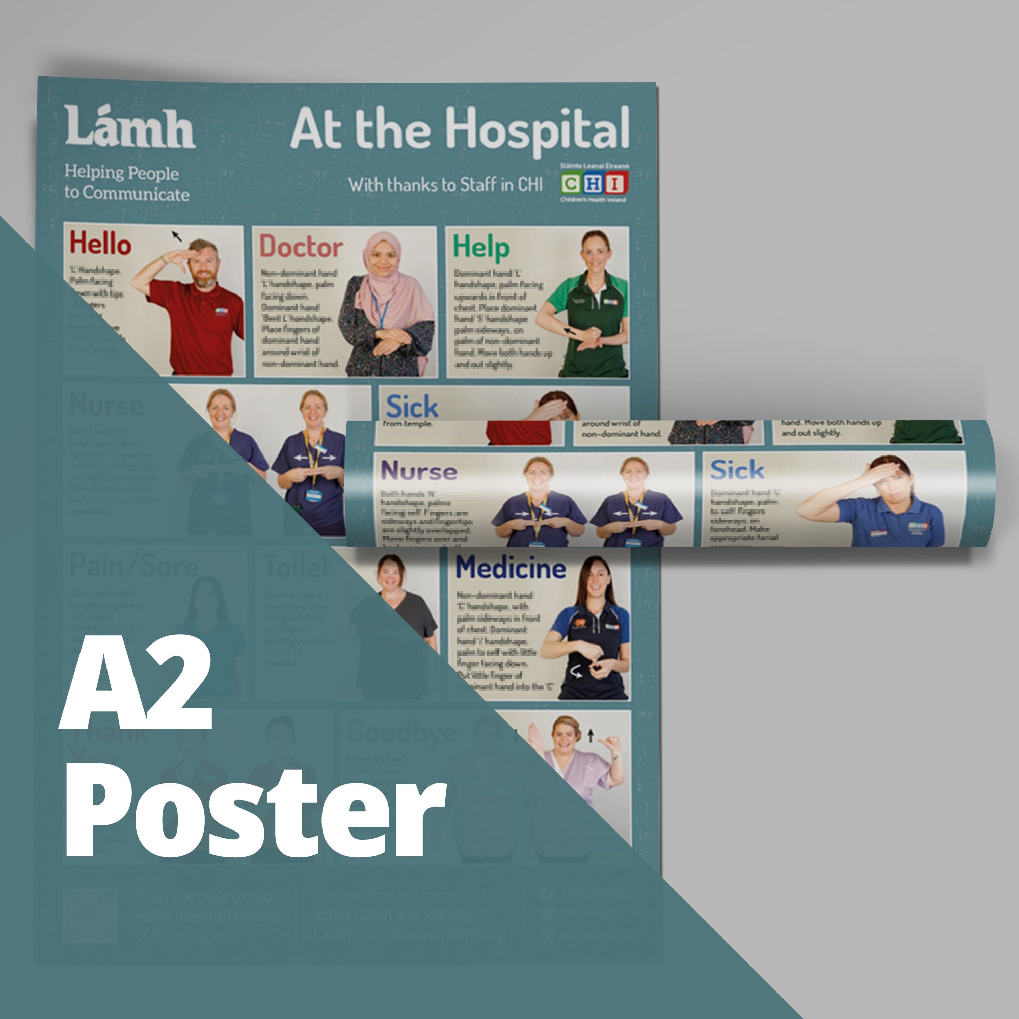 Lämh poster at the hospital with text and images on a gray background