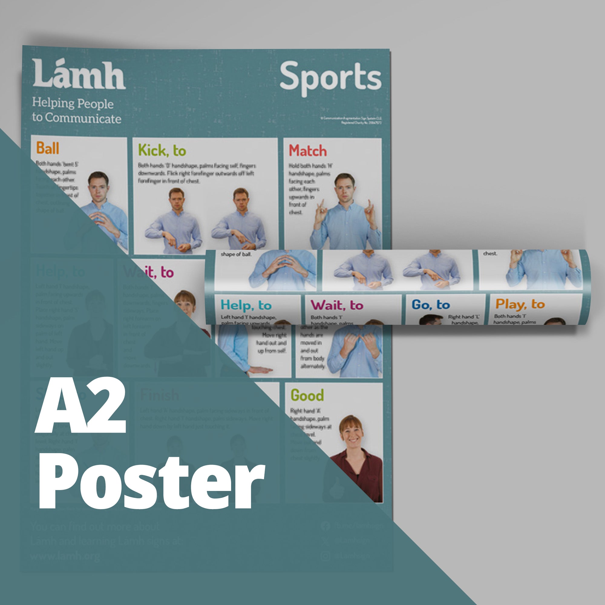 Lámh Sports A2 poster with illustrations and text on a gray background