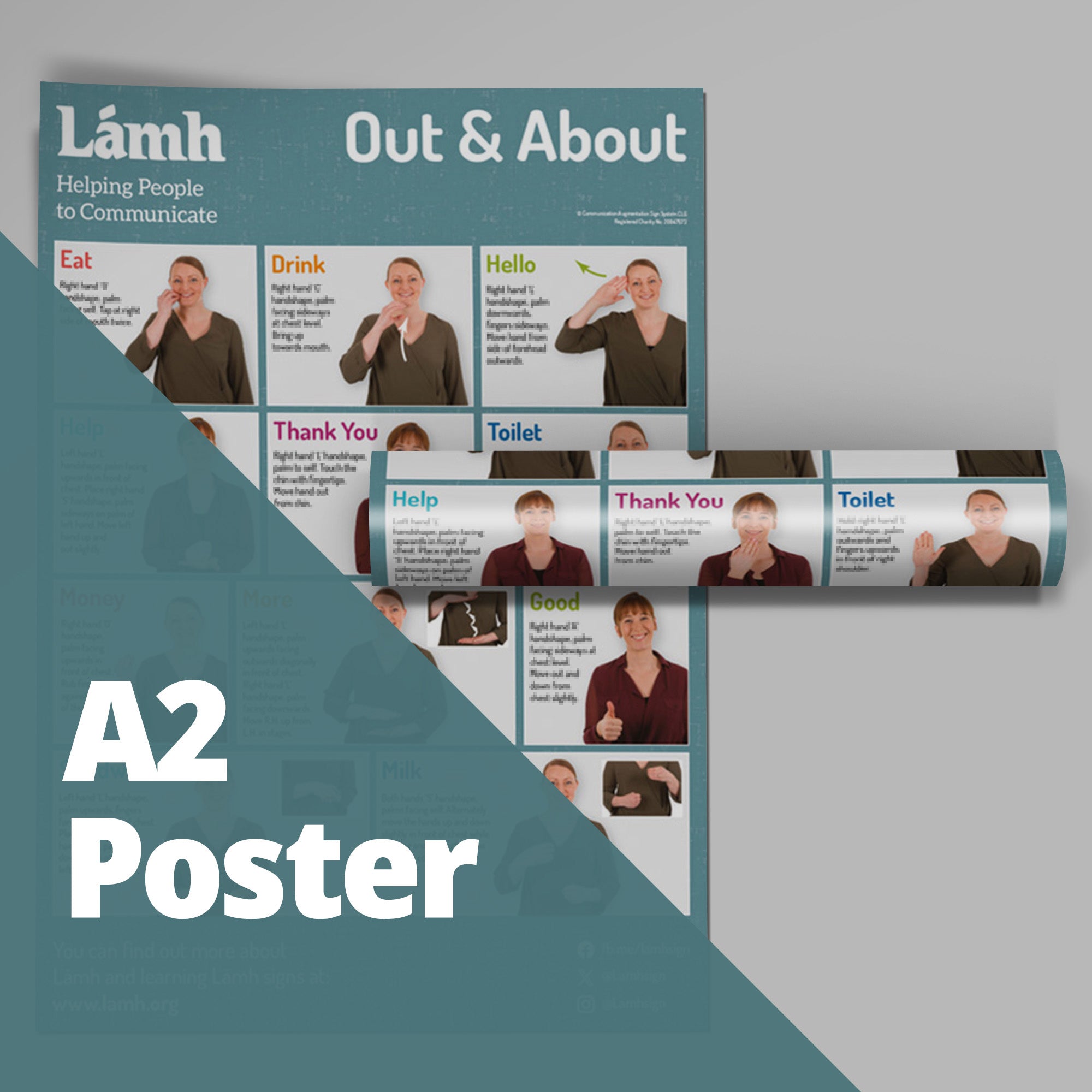 Lámh Out & About A2 poster with communication aids on a gray background