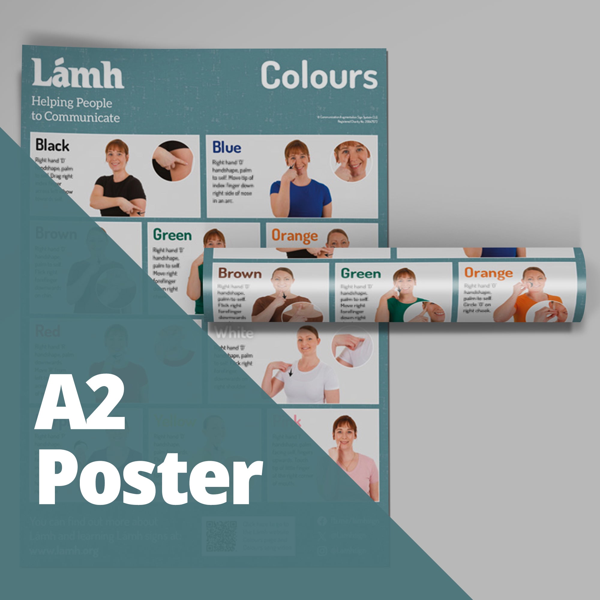 Lámh Colours educational poster and roll-up for communication aid, featuring images of people with different colored clothing.