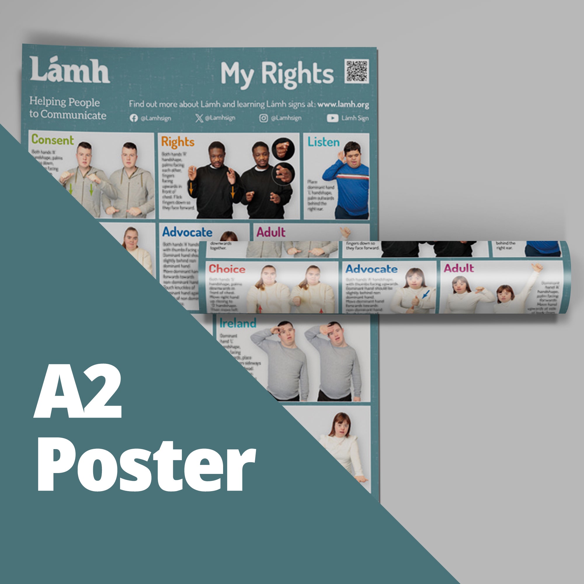 Lámh poster roll with various images and text on a gray background