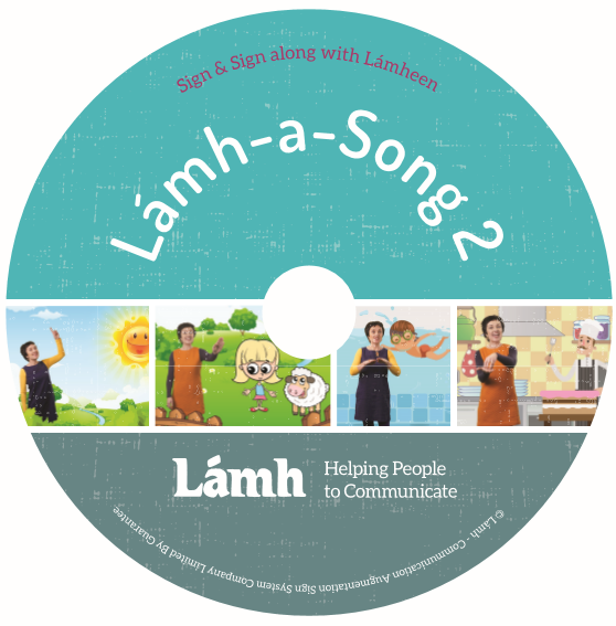 CD cover of 'Lámh-a-Song 2' with cartoon characters and text about sign language education.